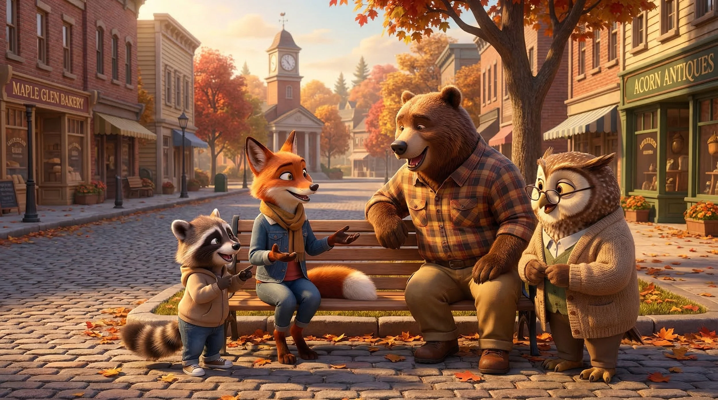 Animated scene of four anthropomorphic animals, a raccoon, fox, bear, and owl, sitting on a park bench in a small town during fall, engaging in a lively conversation.