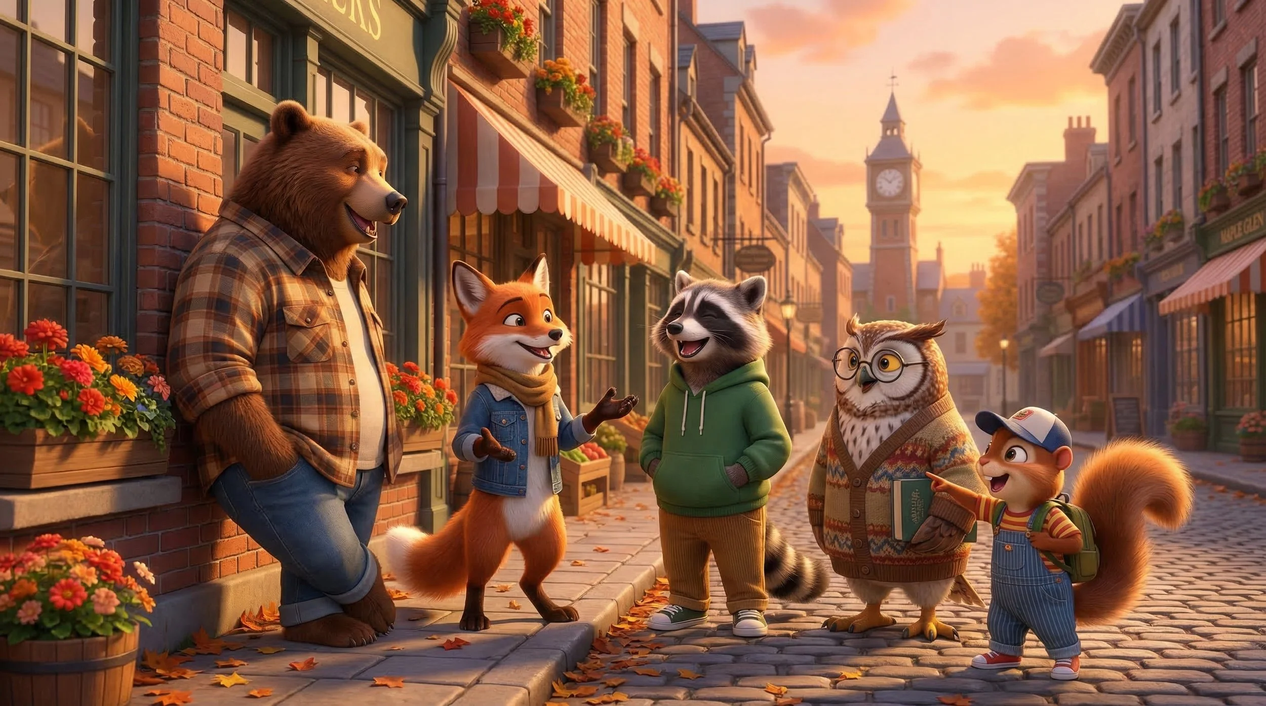 Animated scene of five anthropomorphic animals, including a bear, fox, raccoon, owl, and squirrel, chatting on a fall evening on a cobblestone street with shops and a clock tower in the background.