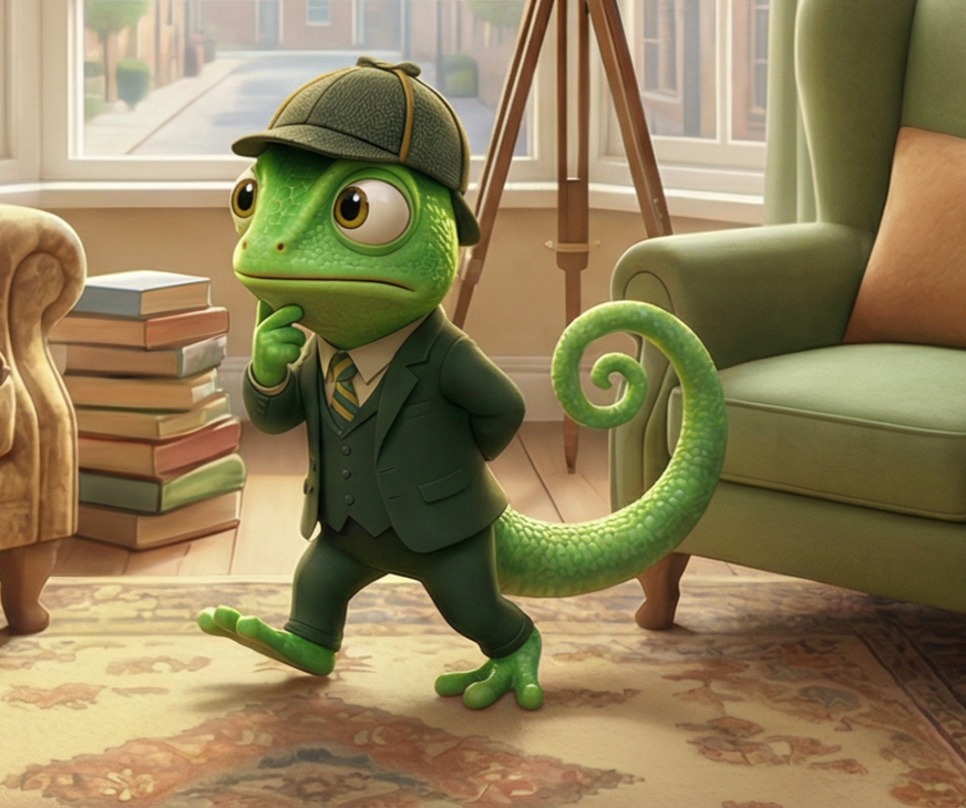 Detective Sherlock chameleon character wearing a suit and detective hat in a cozy living room.