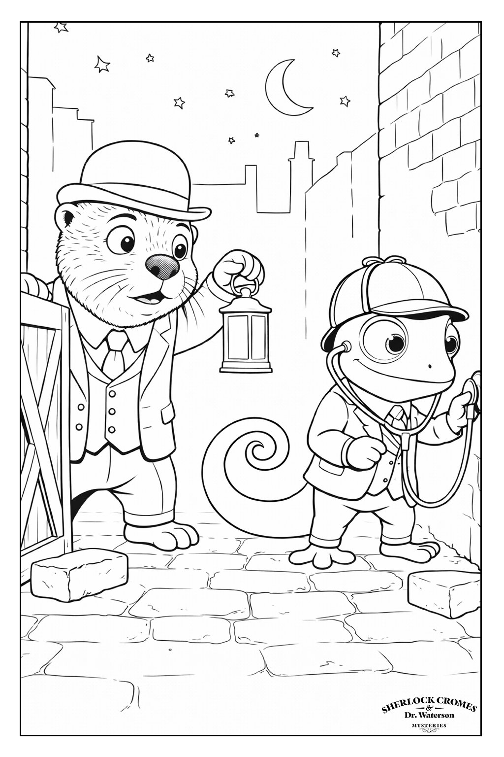 A coloring page of Sherlock Cromes and Dr. Waters looking for clues.  