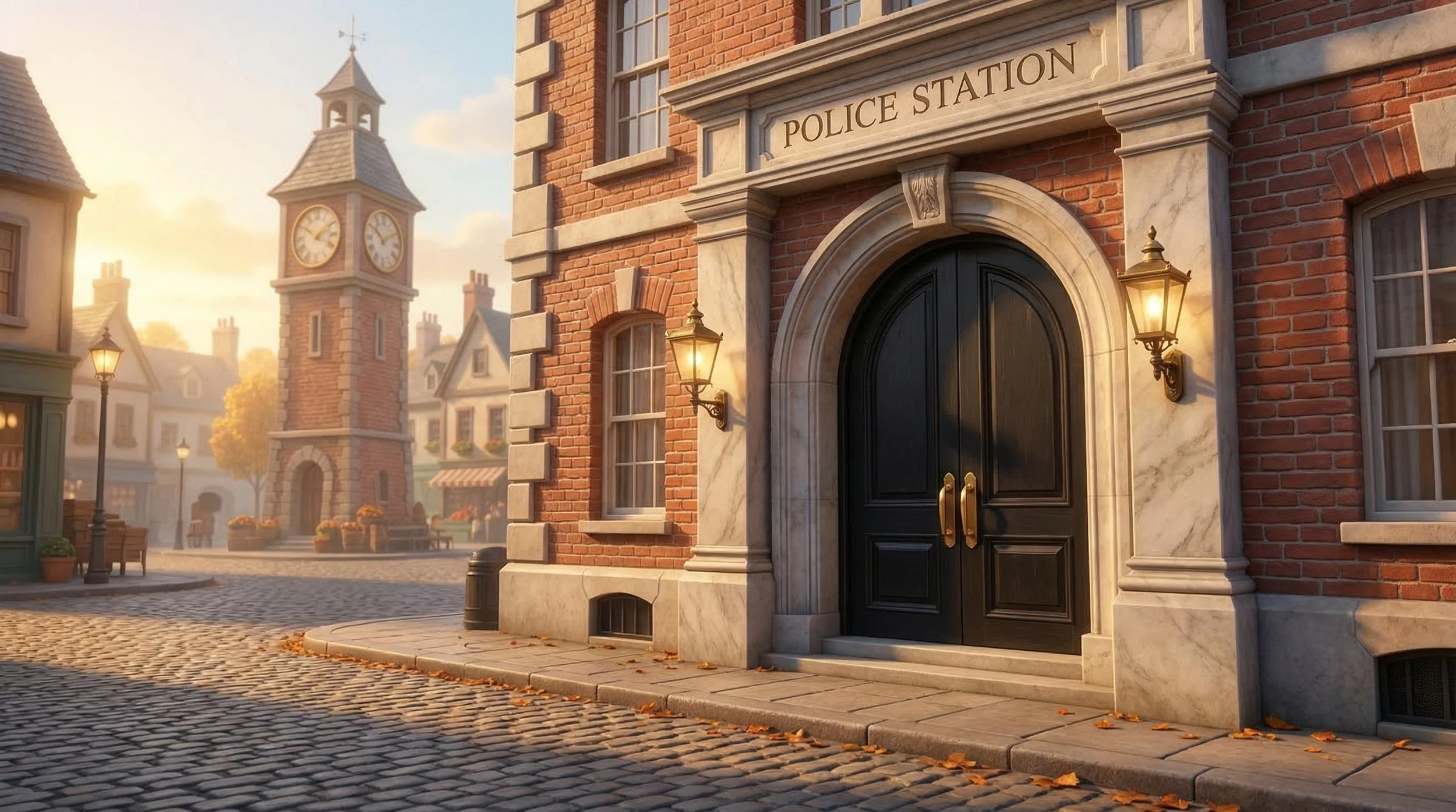 A police station in a quaint town with a cobblestone street, brick building, and warm sunset lighting. A clock tower is visible in the background.