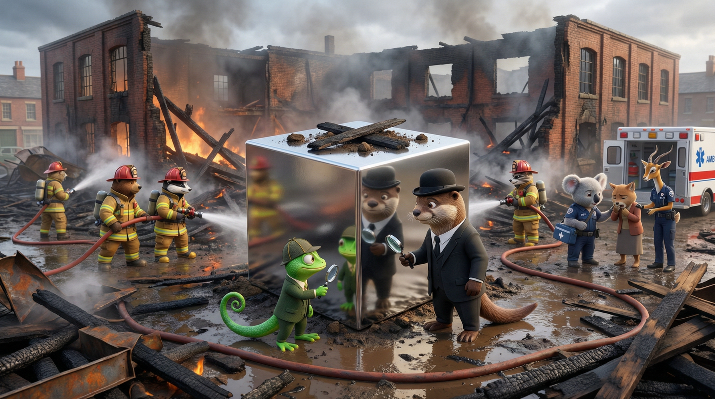 Sherlock Cromes and Dr. Waterson investigating fire scene with Maple Glen firefighters When Help Meets Mystery animated series
