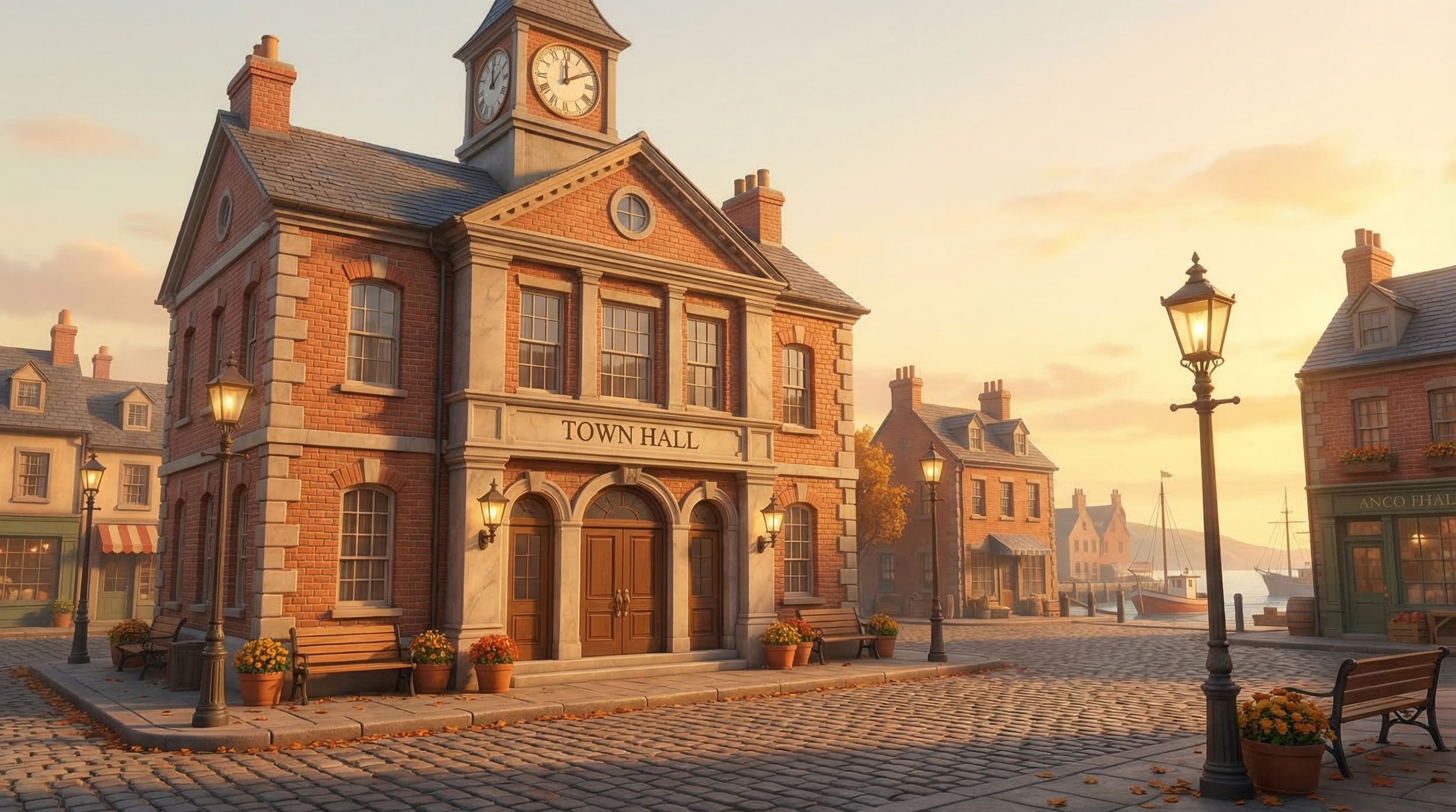 A charming old town square at sunset with a brick town hall building, cobblestone street, vintage street lamps, benches, flower pots, and harbor with sailboats in the background.