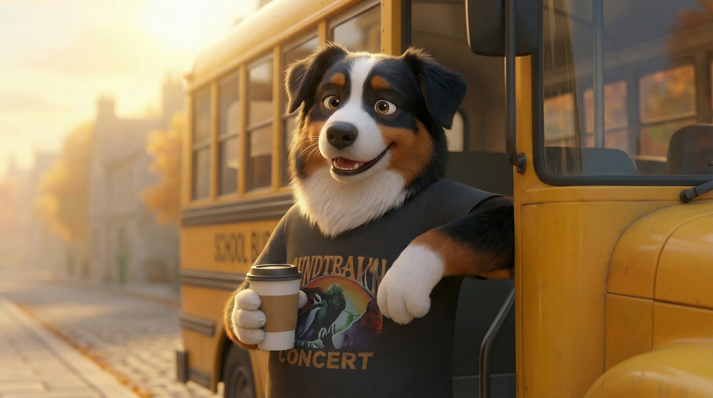 Animated dog with a happy expression wearing a 'Soundtrax Concert' T-shirt, holding a coffee cup, leaning out of a yellow school bus during sunrise or sunset.