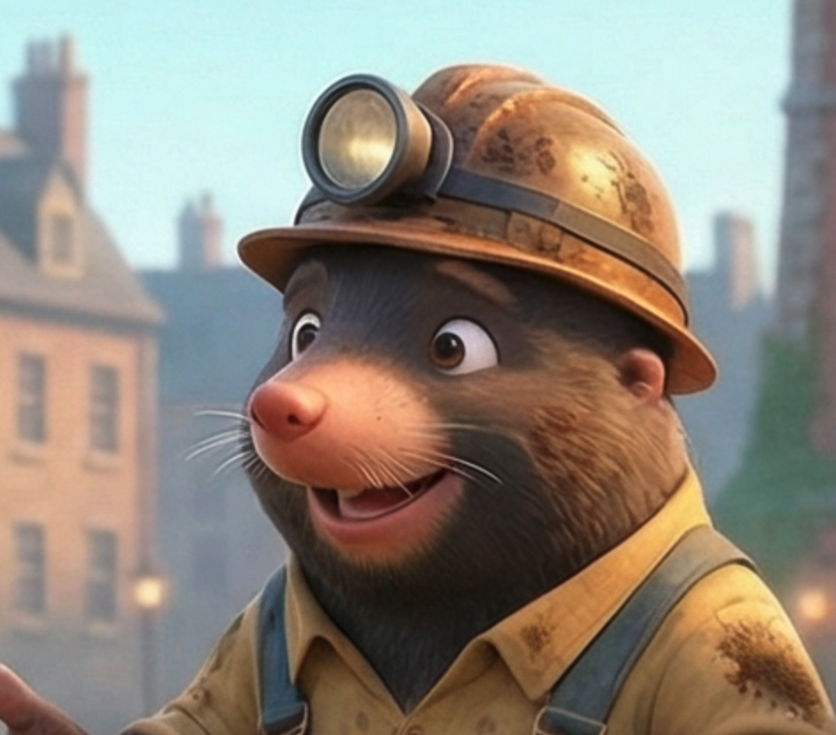 Animated mole character wearing a miner's helmet with a headlamp, in front of a cityscape.