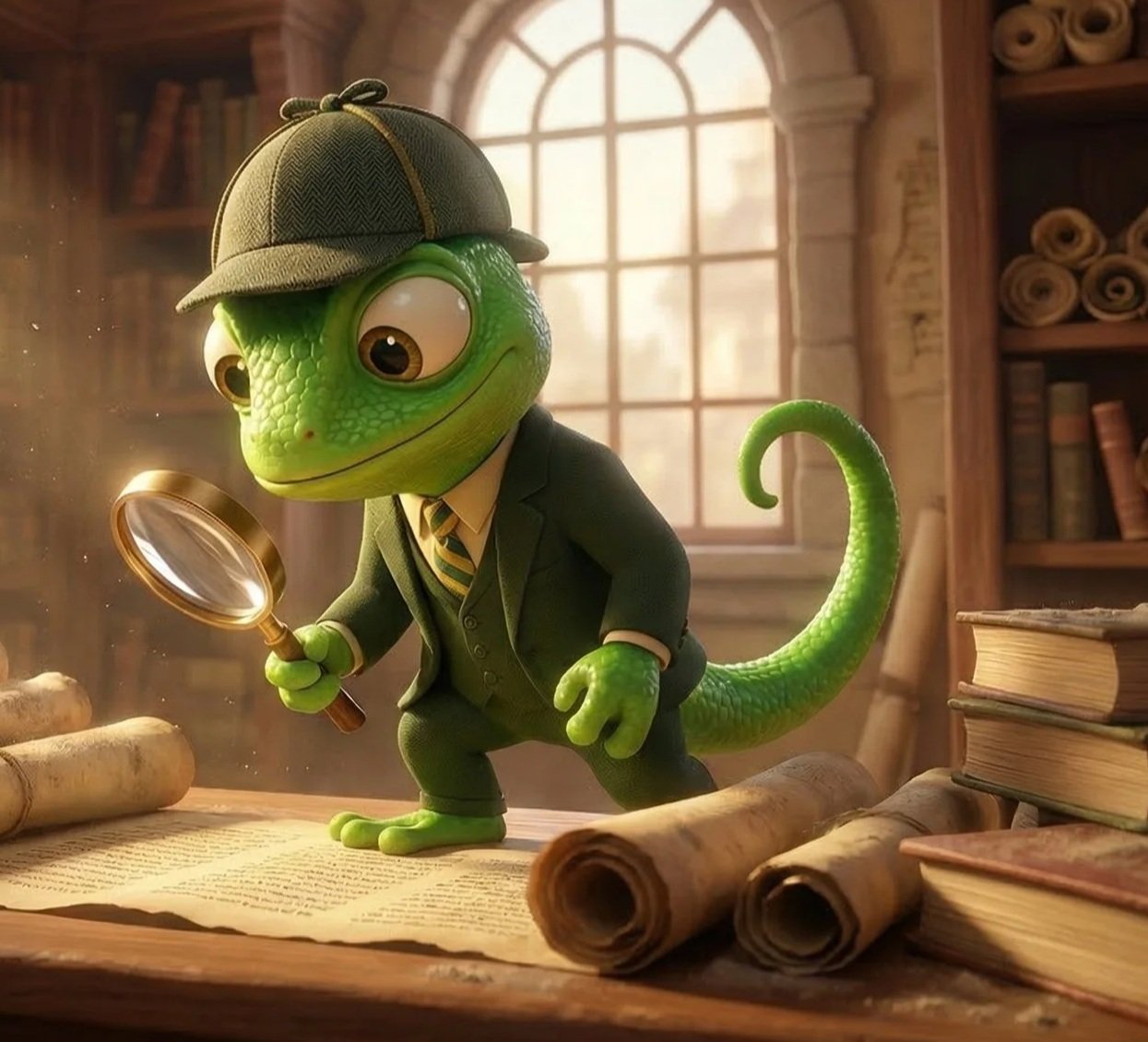 Animated chameleon dressed as a detective with a magnifying glass, wearing a suit and detective hat, in a library with old books and scrolls, sunlight streaming through a large window.