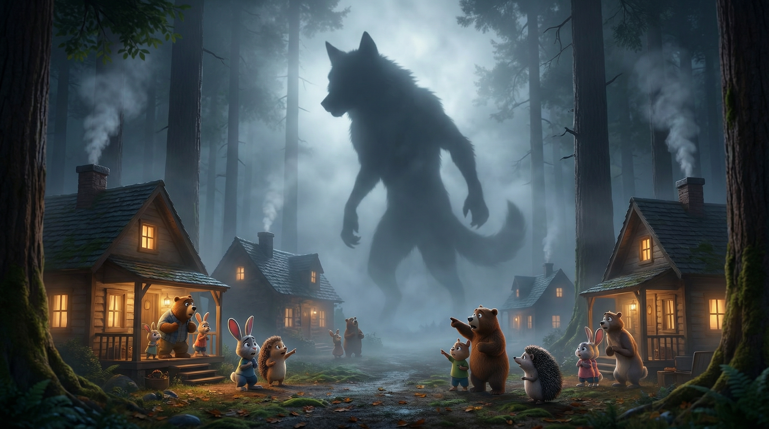 Animated forest scene at night with small wooden houses, a large bear and a large wolf-like creature. The scene includes various animals, such as rabbits, hedgehogs, and smaller bears, some pointing or gesturing toward the giant wolf creature in the background.