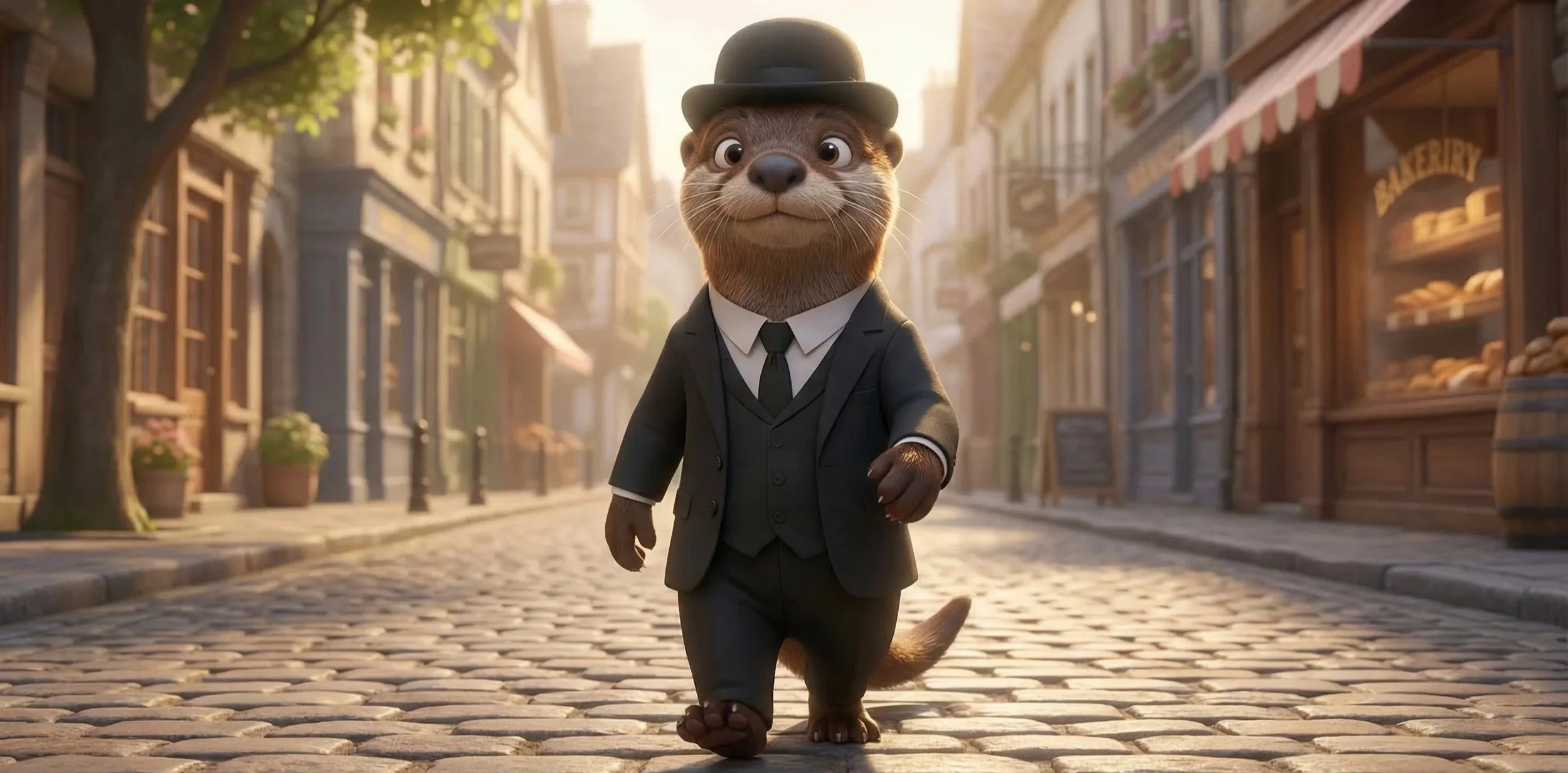 Animated otter dressed in a black suit and bowler hat walking down a cobblestone street in a cozy town, with storefronts and trees lining the street.