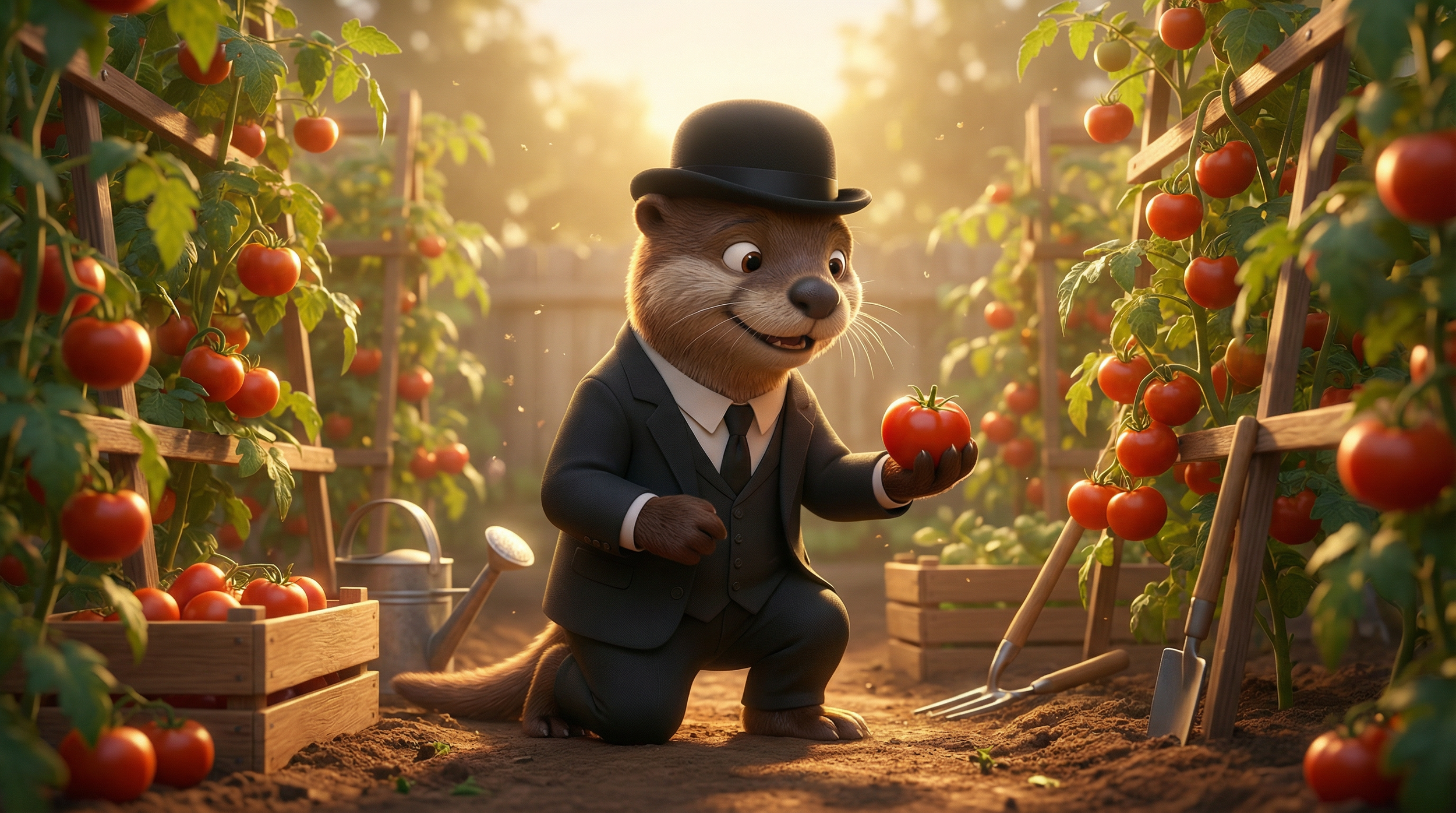 A cartoon anthropomorphic otter dressed in a black suit and hat, kneeling in a tomato garden at sunset, holding a ripe tomato, with gardening tools and tomato plants around.