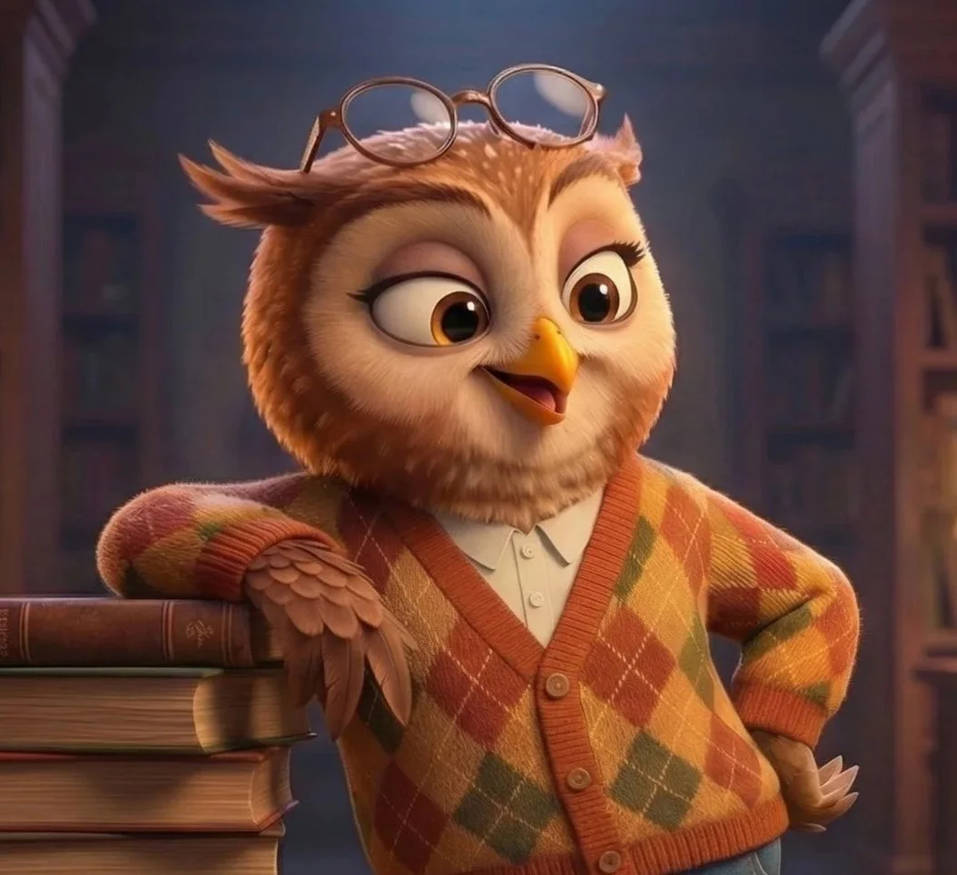An animated owl with glasses on its head, wearing a colorful argyle sweater, leaning on a stack of books in a library.