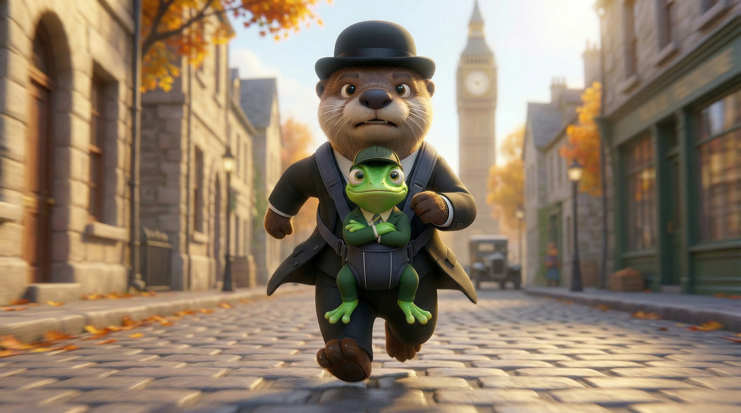 Sherlock Cromes and Dr. Waterson running through Maple Glen autumn street animated mystery adventure kids series