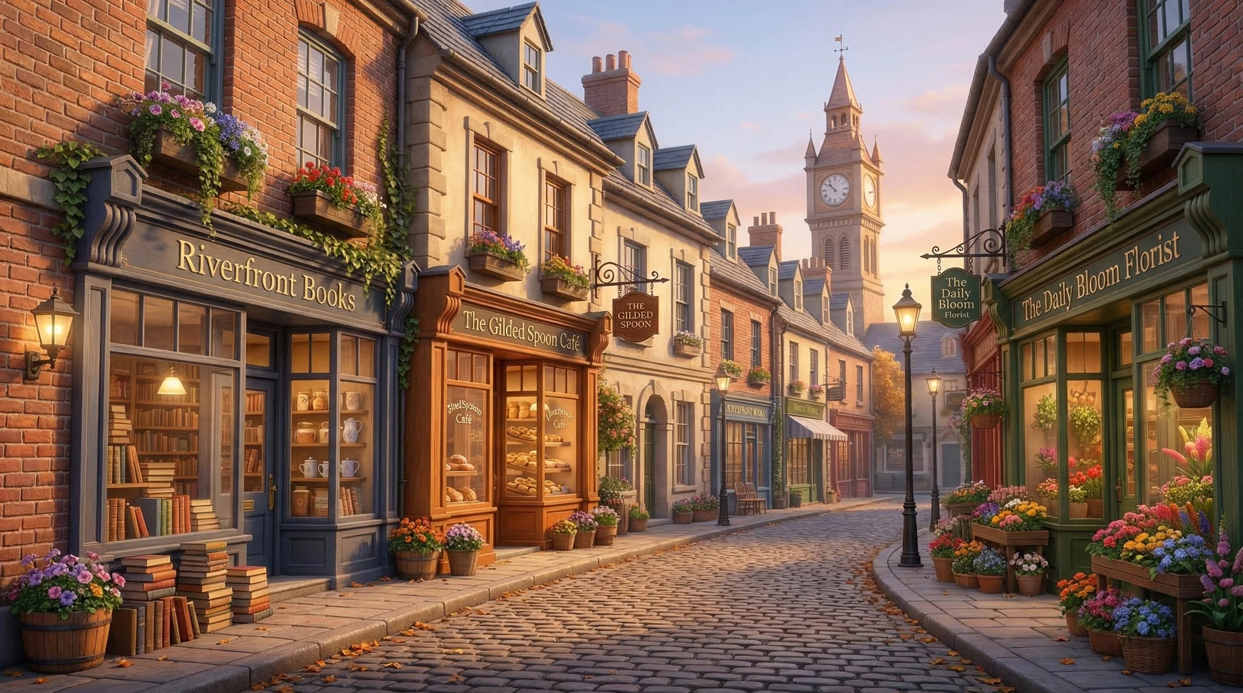 A picturesque street scene with brick buildings housing shops like Riverfront Books, The Gilded Spoon Cafe, and The Daily Bloom Florist, all decorated with flower boxes and outdoor lighting, with a clock tower in the background at sunset.