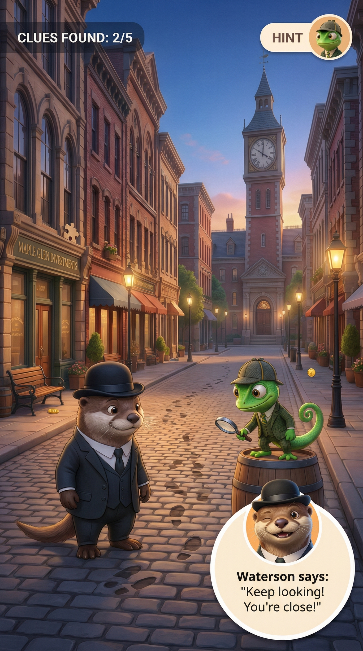 Sherlock Cromes mobile detective game Maple Glen clue finding adventure kids mystery video game concept