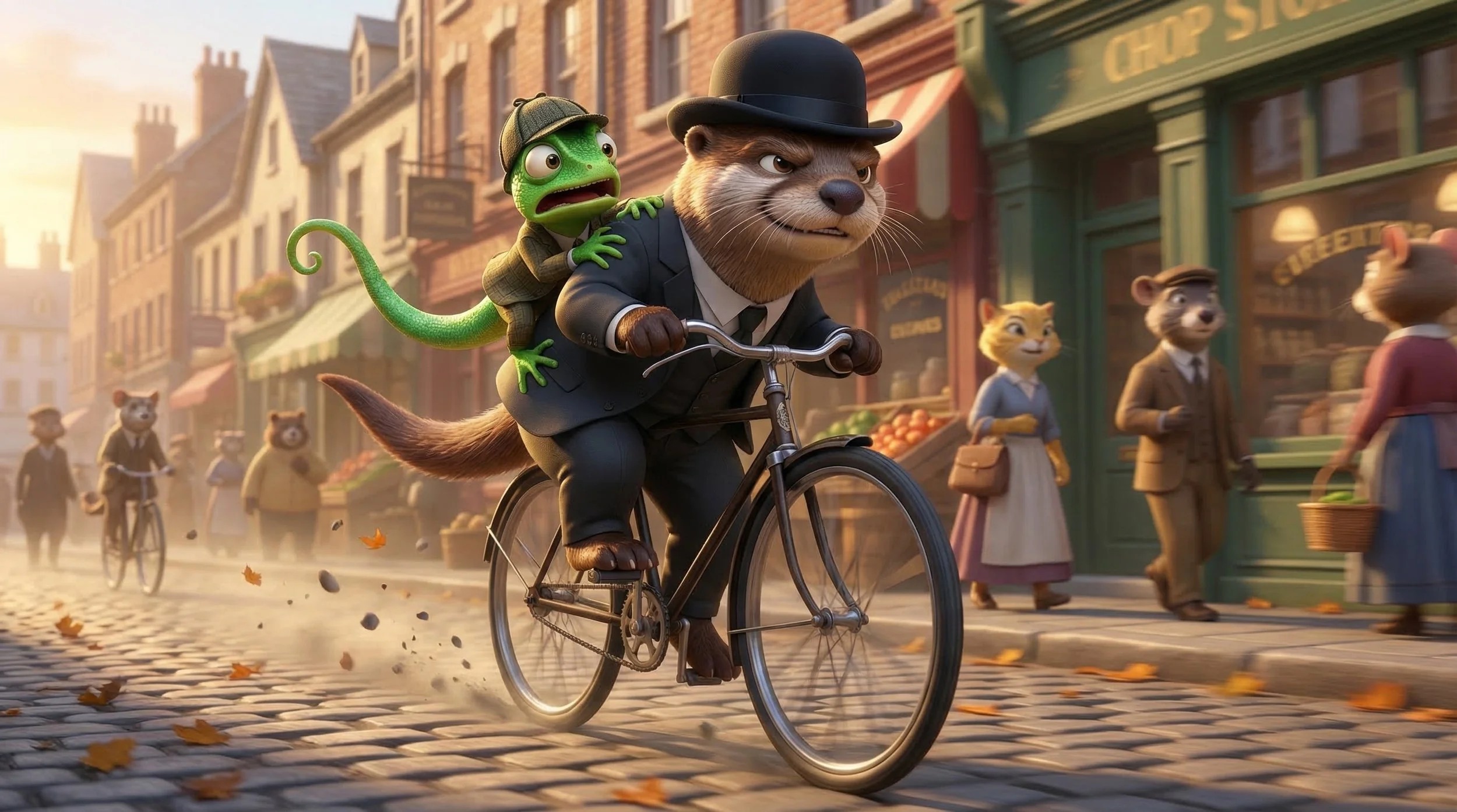 Animated scene of a raccoon in a suit riding a bicycle with a lizard on its shoulders in a town street with pedestrians and stores