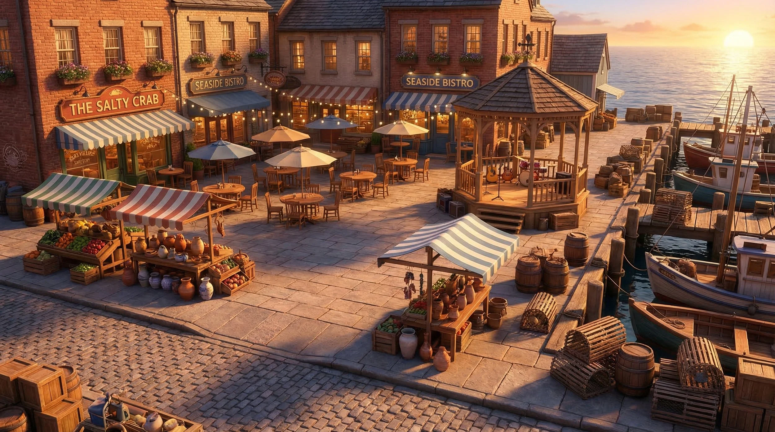 Sunset over a harbor with boats docked at the pier, outdoor seating at a seaside bistro and marketplace stalls selling fruits, pottery, and other goods, with brick buildings and a small stage for live music.