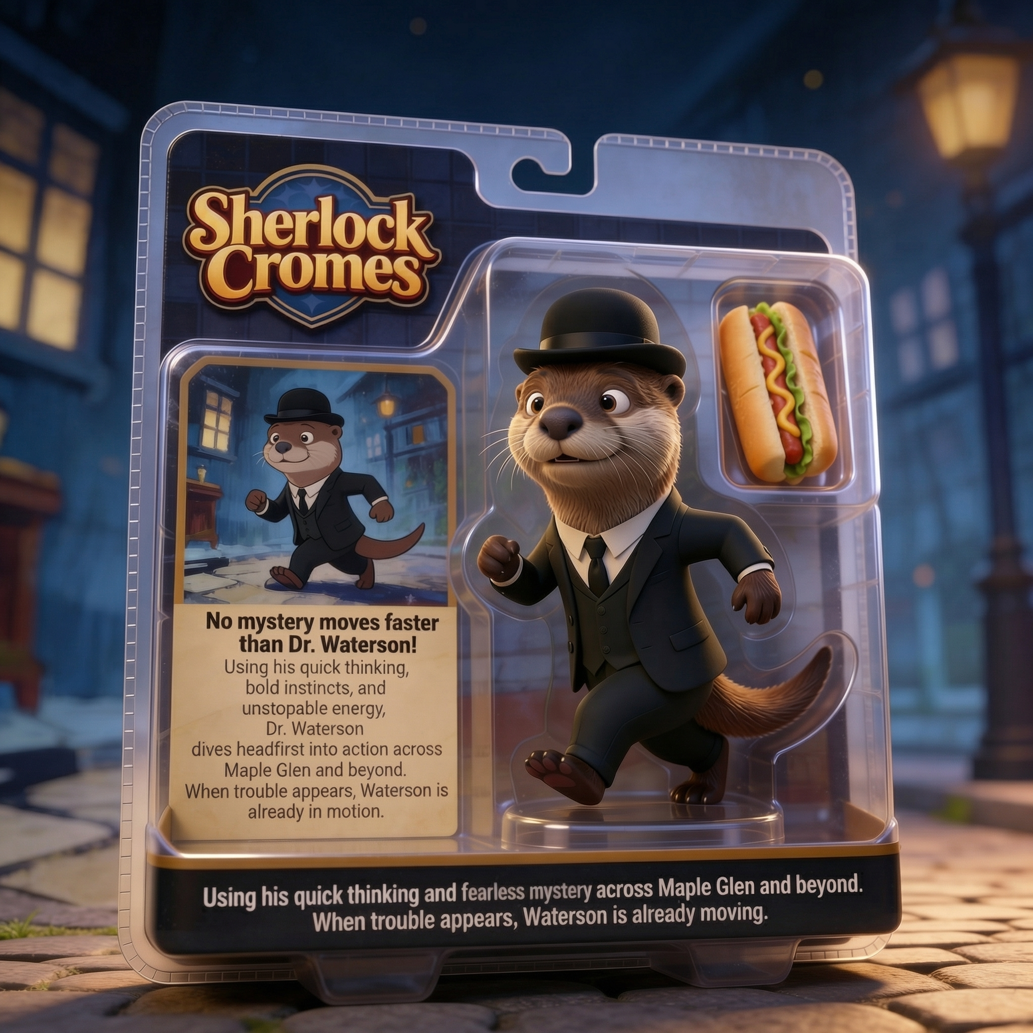 Dr. Waterson otter detective action figure toy packaging Sherlock Cromes animated series collectible merchandise