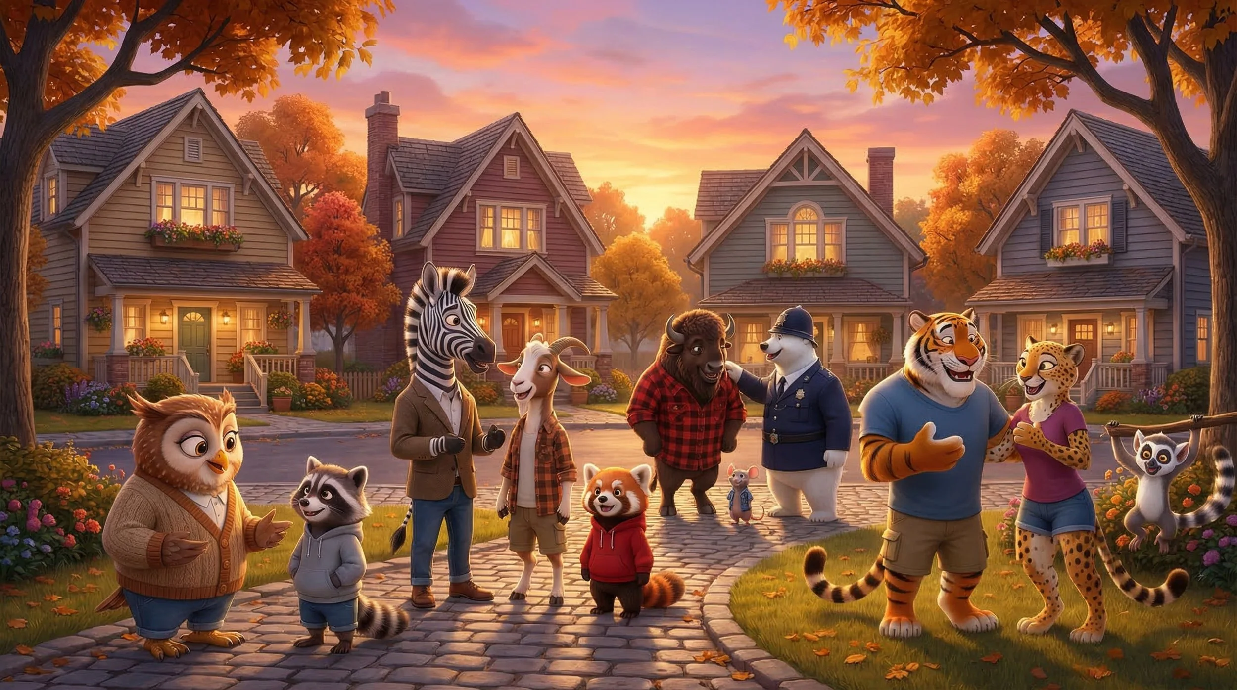 Animated scene of humanized animal characters in a suburban neighborhood during sunset, including a wise owl, raccoons, a fox, a wolf, a bear, a tiger, and a cheetah, engaging in conversations and interactions.