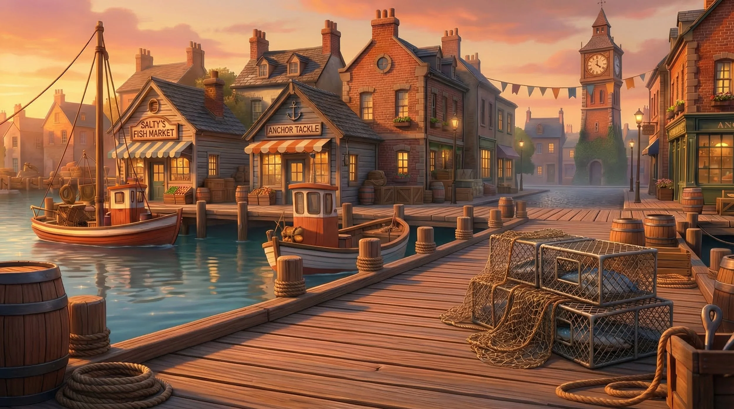 A tranquil harbor at sunset with boats docked along a wooden pier, fish market and tackle shop, cobblestone street, and a clock tower in a charming seaside village.