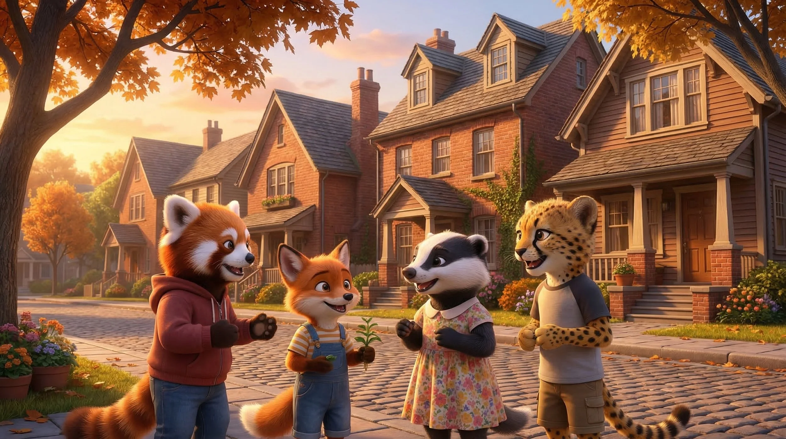 Four anthropomorphic animals, a fox, raccoon, cheetah, and another fox, are standing in a suburban neighborhood at sunset, smiling and talking to each other.