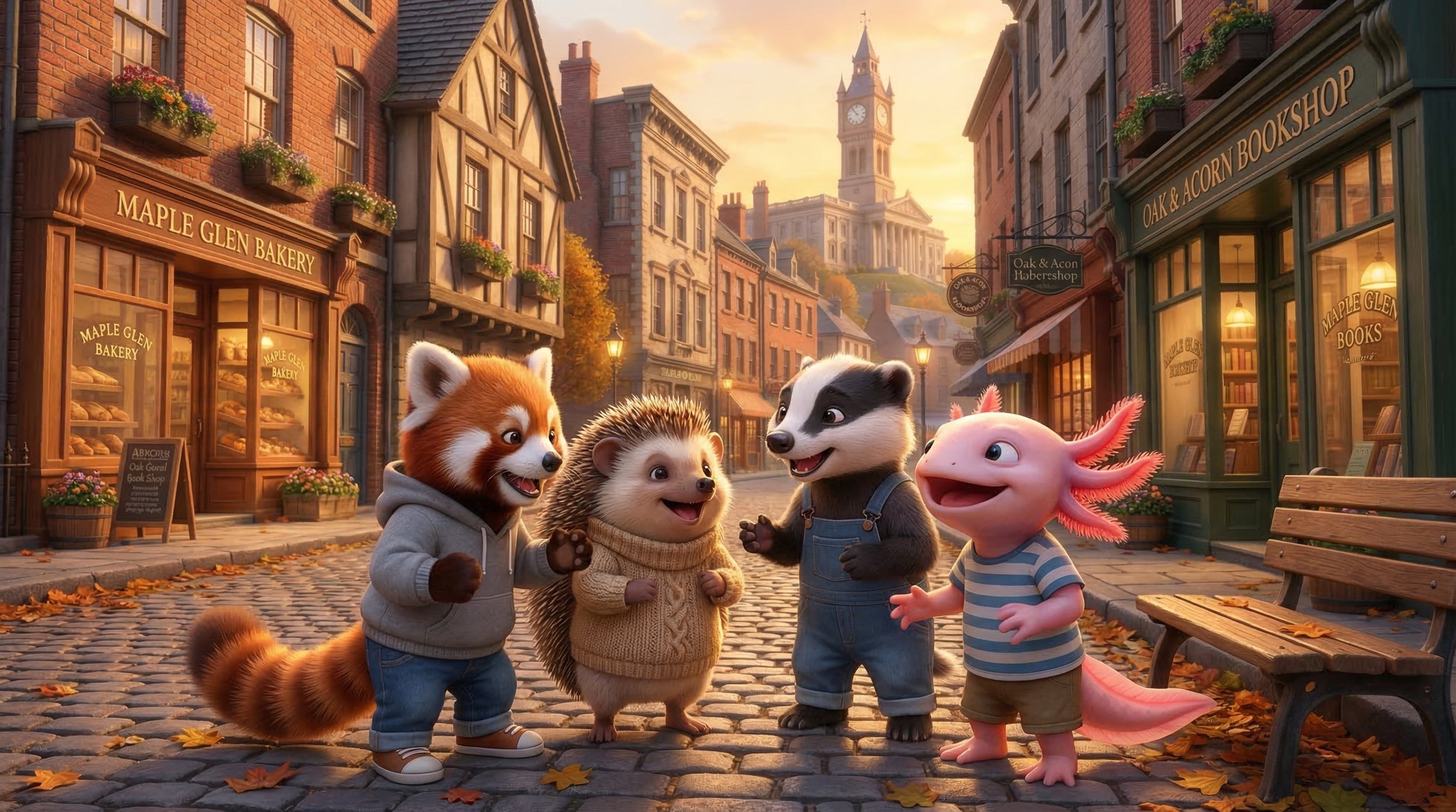 Animated scene of five animals standing on a cobblestone street in a quaint town during autumn, with shops and a clock tower in the background. The animals include a squirrel, a hedgehog, a badger, a fish-like creature, all smiling and engaging with 
