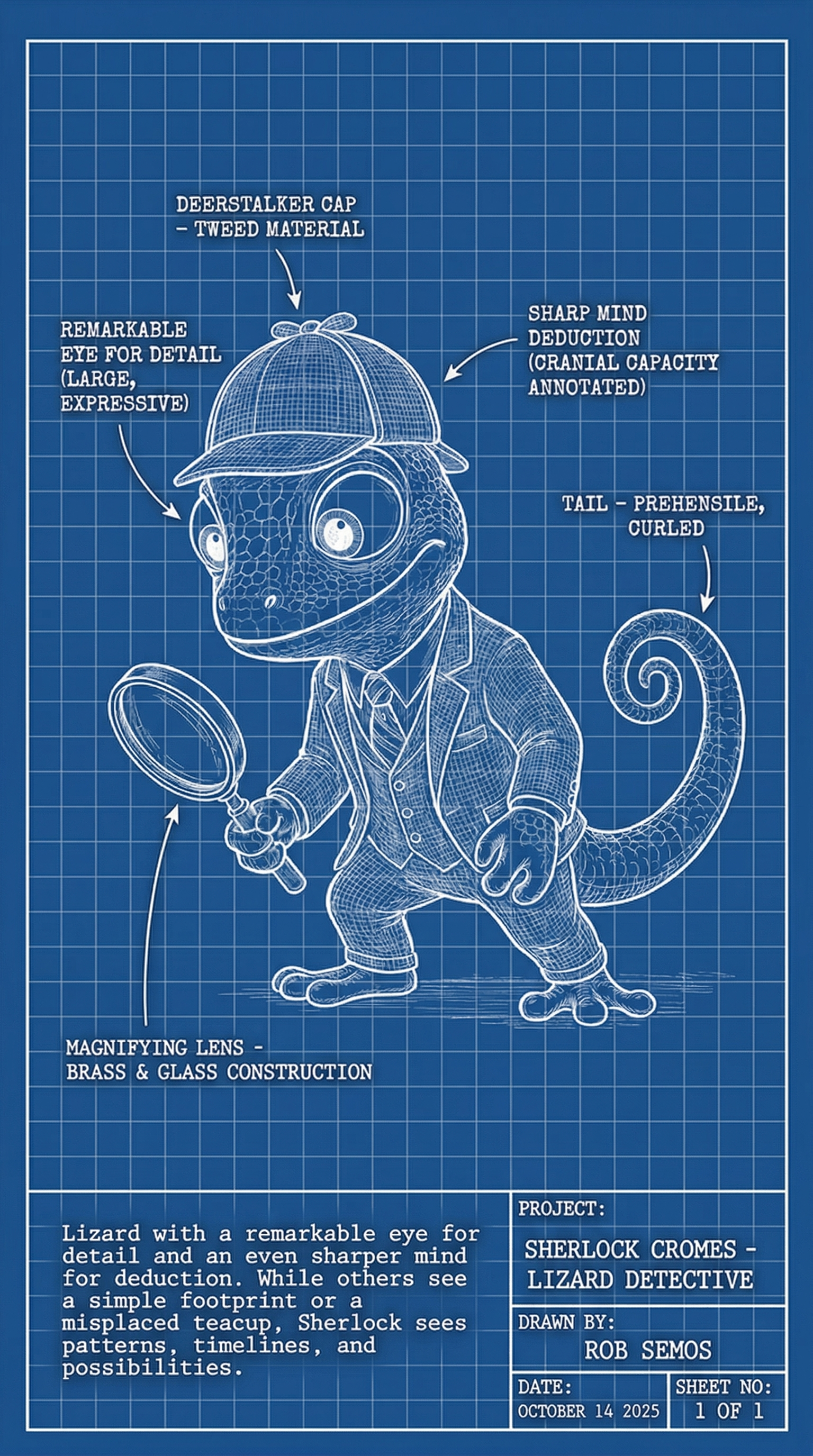 Sherlock Cromes original character blueprint design drawing by Rob Semos October 2025 chameleon detective IP development document