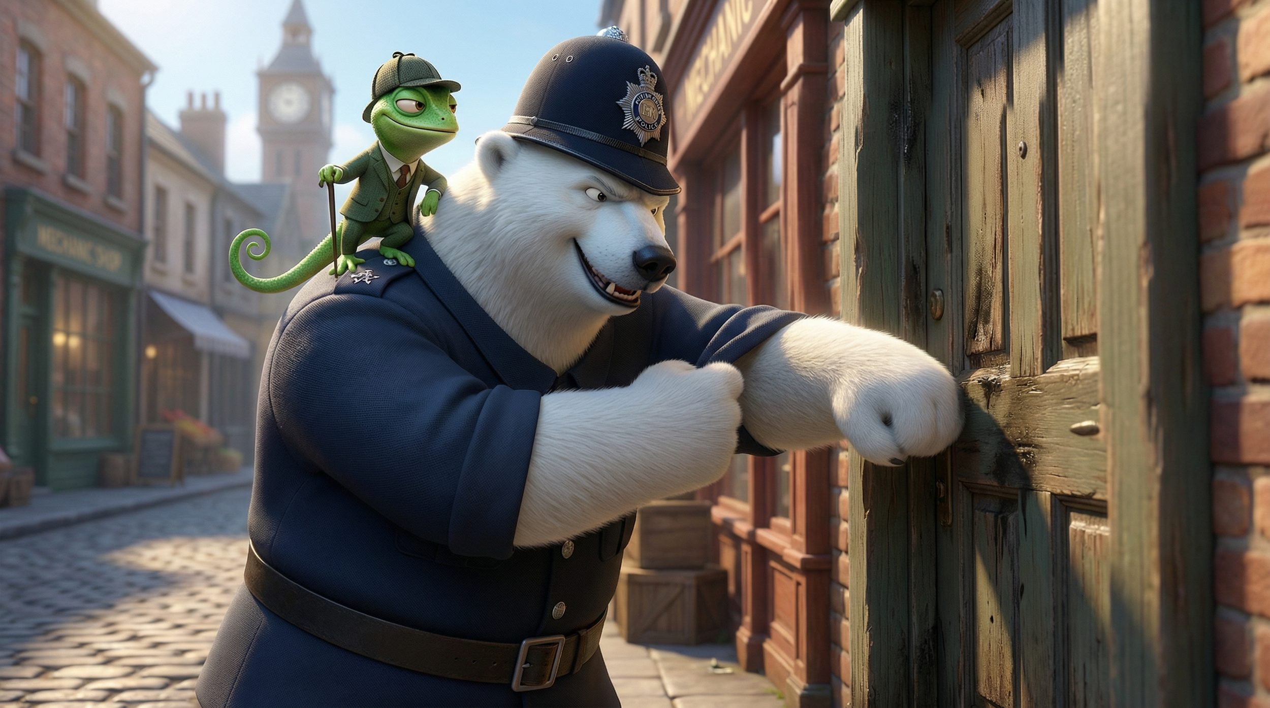 A cartoon police bear is unlocking a wooden door with a key, with a cartoon lizard dressed as a detective sitting on its shoulder, on a cobblestone street in a small town.