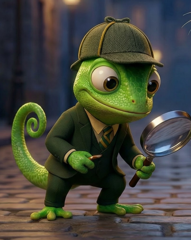 Detective Sherlock chameleon dressed as a detective in a business suit, wearing a detective hat, holding a magnifying glass and a pencil, standing on a wooden surface.