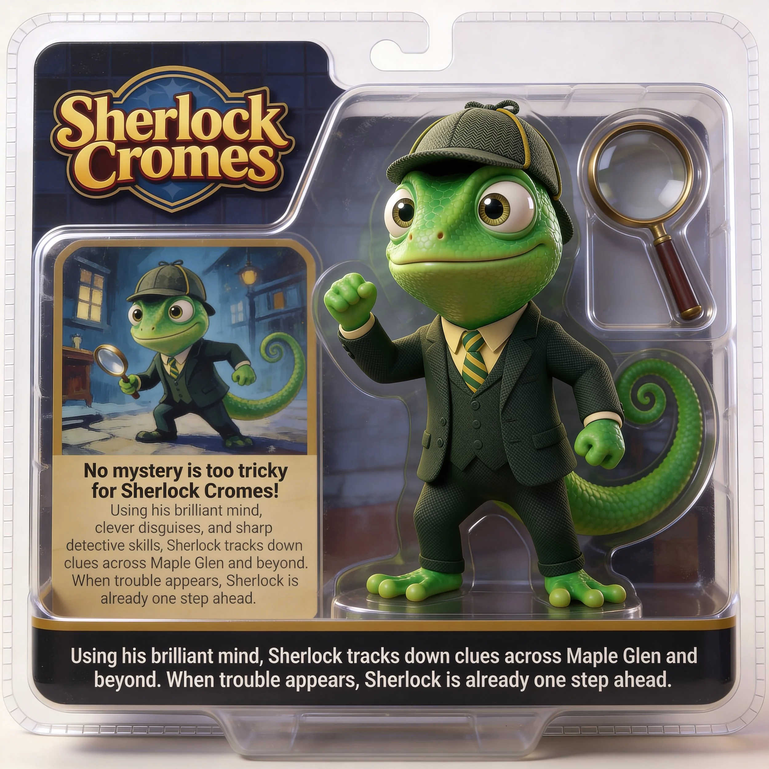 Sherlock Cromes chameleon detective action figure toy packaging collectible Maple Glen animated series licensed merchandise