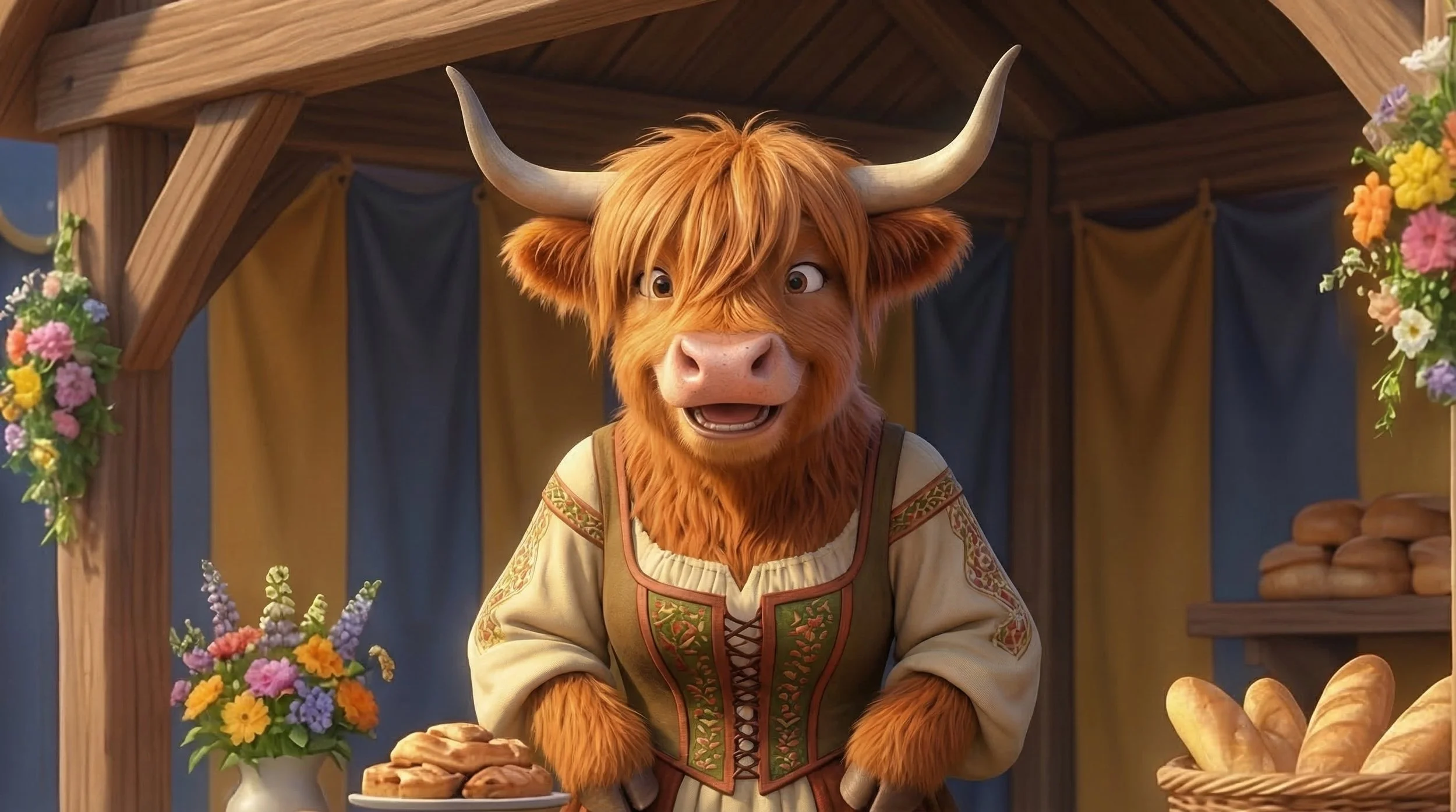 A furry anthropomorphic bull character with long horns, wearing medieval-style clothing, standing behind a stall at a market with bread and flowers.