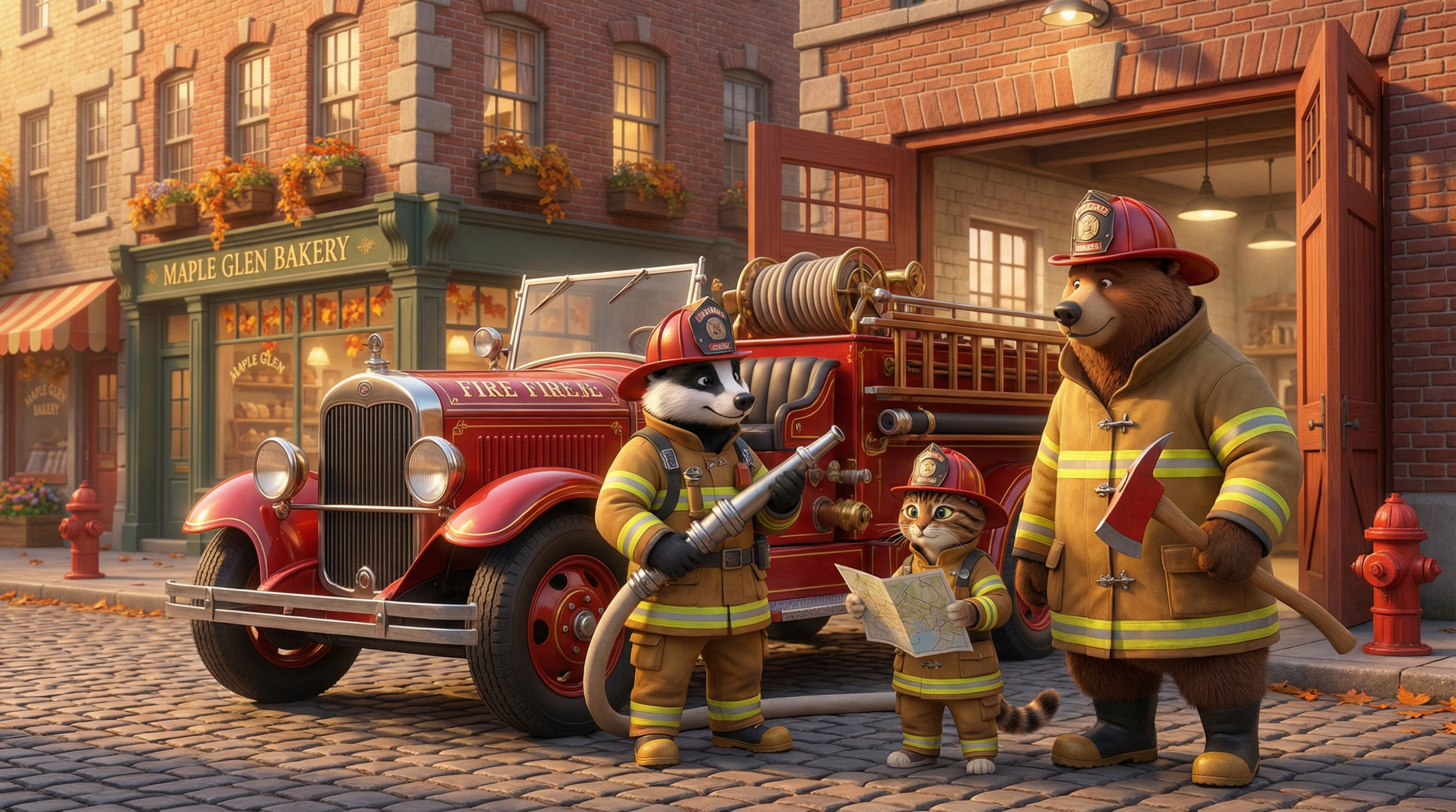 Maple Glen Fire Station fire truck bear cat firefighters in uniform animated mystery series Sherlock Cromes kids show