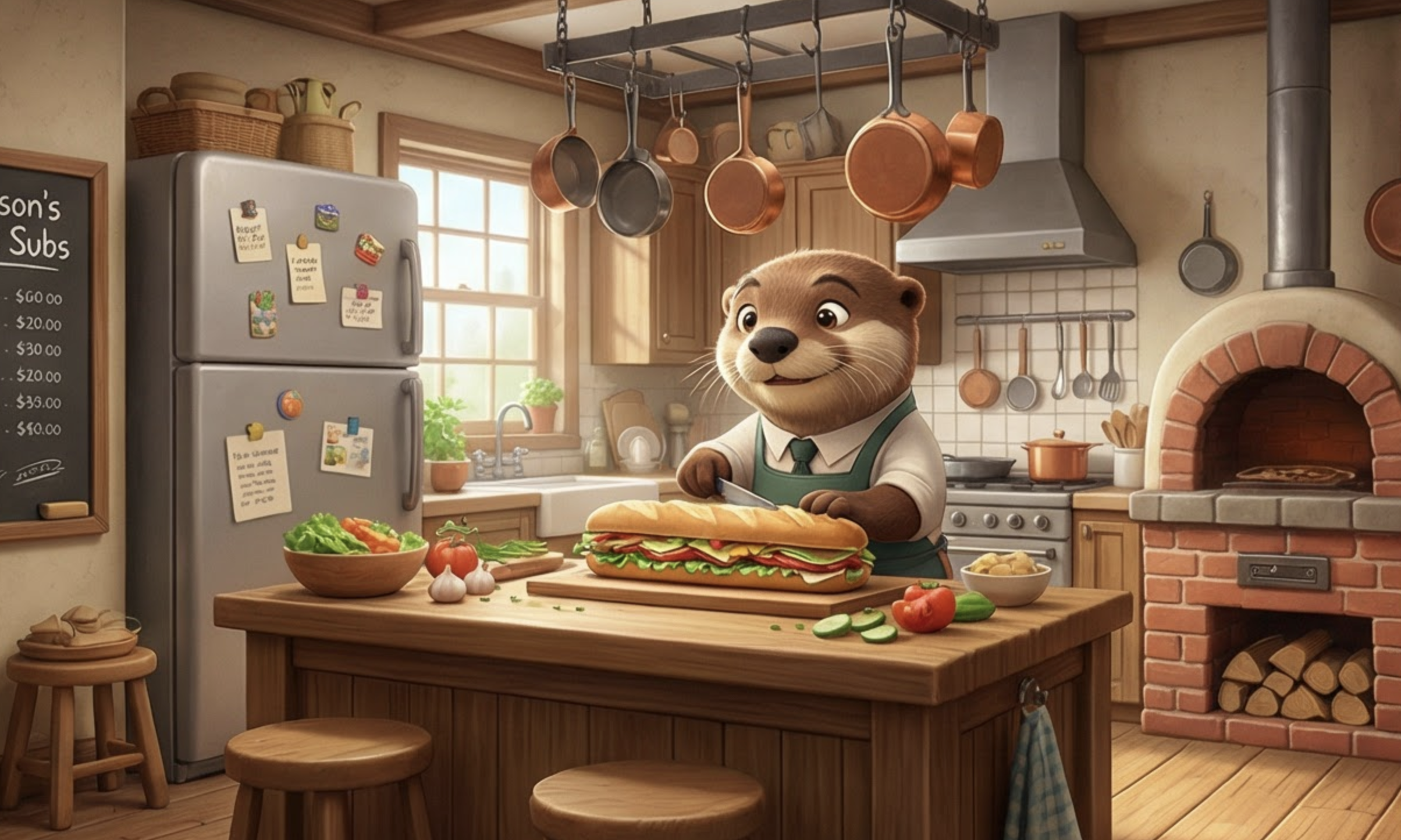 Animated otter character in a kitchen slicing a large sandwich on a wooden table, surrounded by vegetables, with a brick pizza oven and hanging pots and pans.