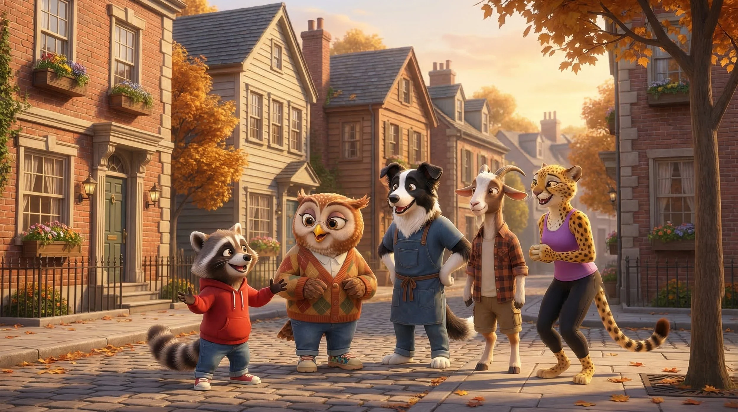 Animated animals, including a raccoon, owl, dog, goat, and cheetah, walking and talking on a cobblestone street in autumn with trees and houses in the background.