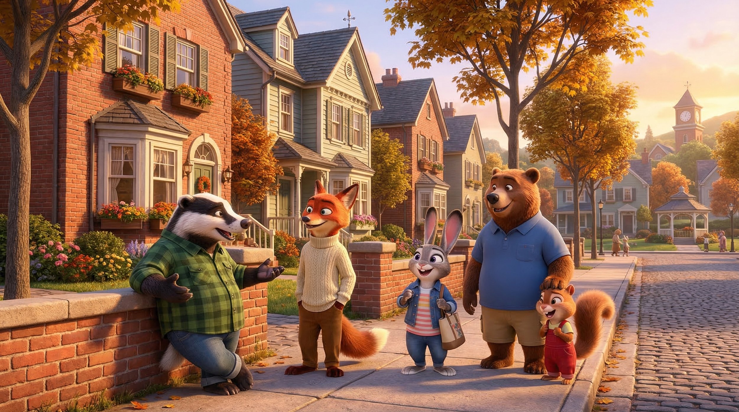 Animated scene with five animal characters talking on a sidewalk in a suburban neighborhood during fall. There are houses with colorful leaves on trees in the background.