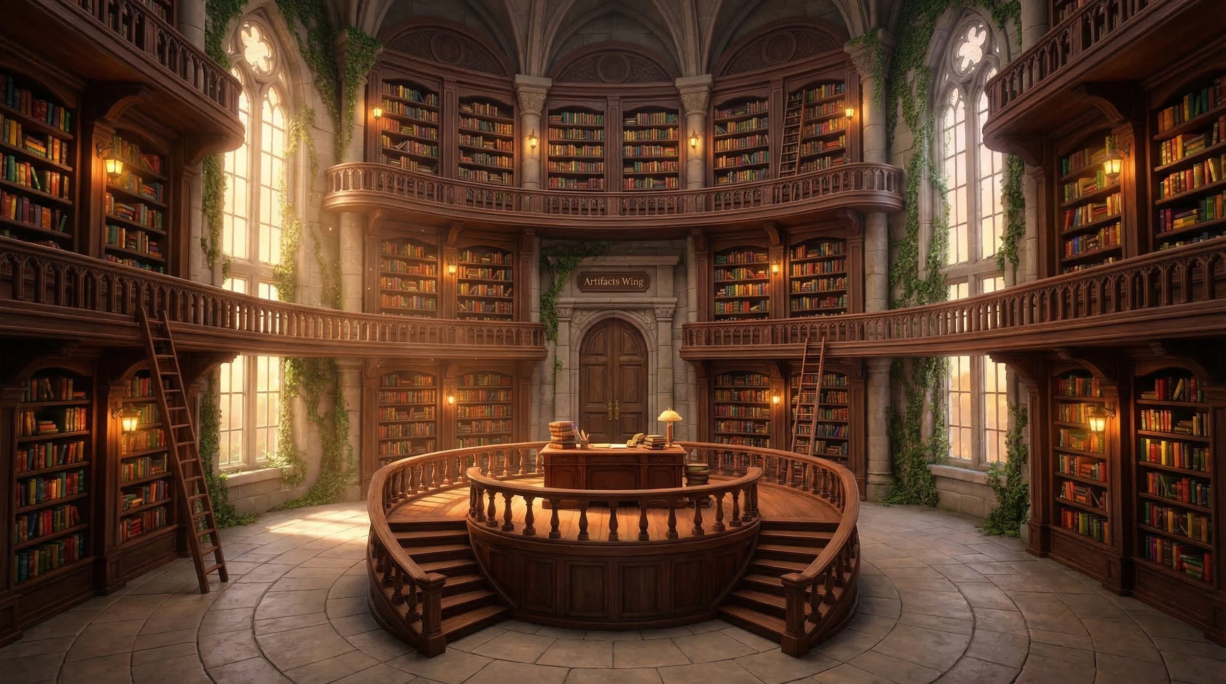 A grand, multi-story library with wooden bookshelves filled with books, a curved staircase leading to the upper levels, and large arched windows letting in natural light. There is a central wooden desk with books and a lamp, and a sign that reads 'Artifacts Wing' above a double door.