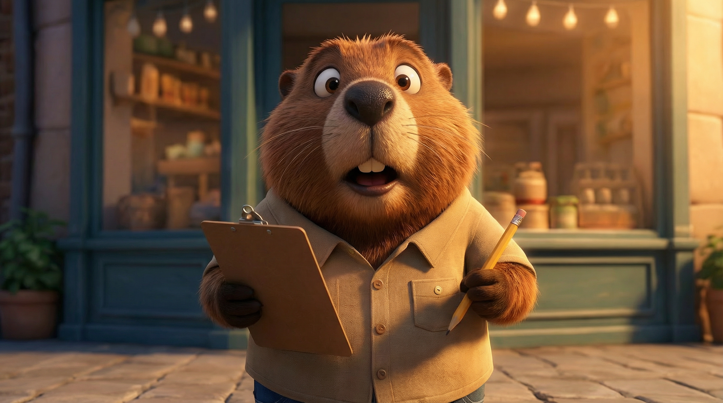 Animated illustration of a bear holding a clipboard and pencil, standing outside a shop with shelves of jars, during sunset.