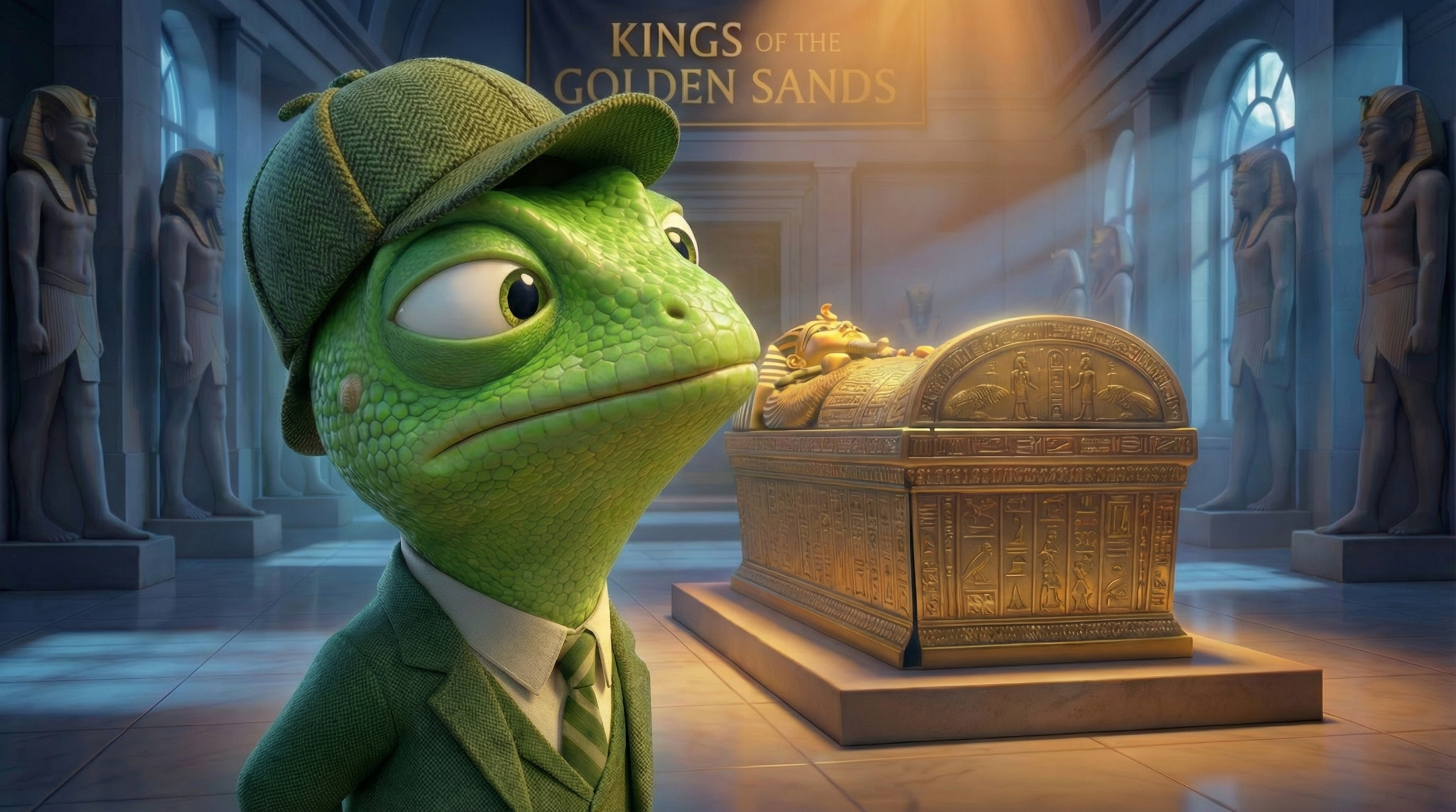Sherlock Cromes chameleon detective examining golden Egyptian sarcophagus Kings of the Golden Sands museum Maple Glen animated mystery series
