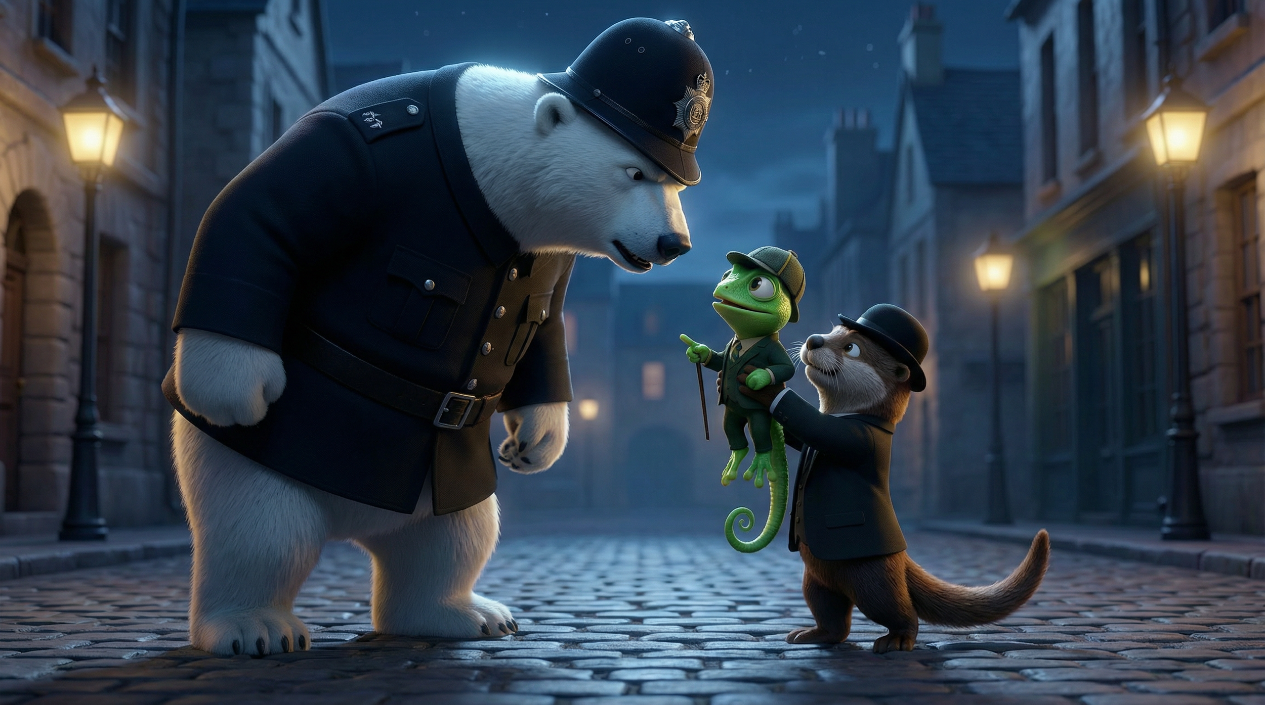 Animated scene of a policer bear and a zookeeper raccoon talking to a small green chameleon on a cobblestone street at night, with lit street lamps and buildings in the background.