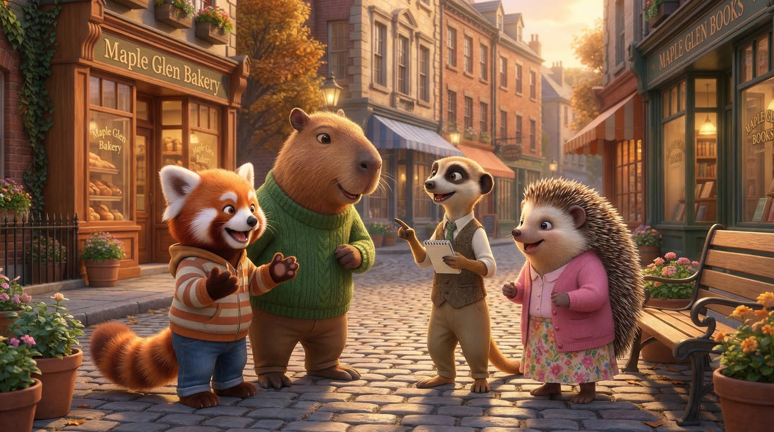 Animated scene of five anthropomorphic animals standing on a cobblestone street in front of a bakery and bookstore during sunset. The characters include a raccoon, a red panda, a guinea pig, a meerkat, and a hedgehog, all smiling and engaging with ea