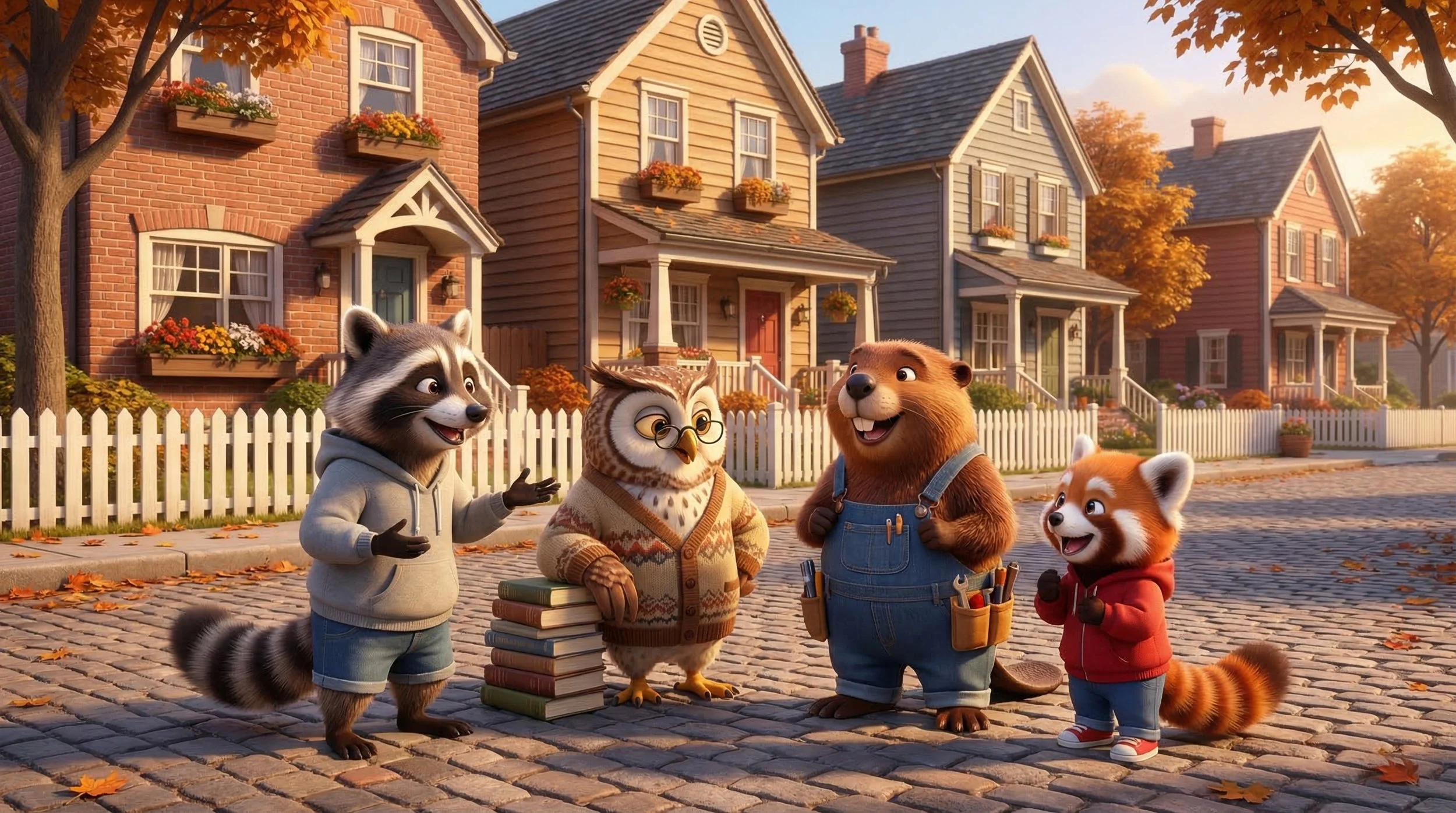Five animated woodland animals, including a raccoon, an owl, a beaver, a red panda, and another smaller red panda, are talking to each other on a cobblestone street in front of colorful autumn houses with white picket fences and fall foliage.