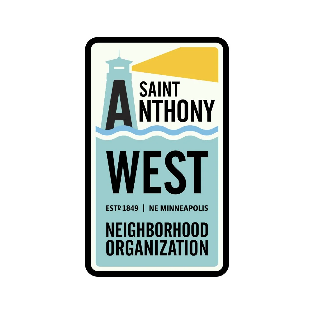 Logo for Saint Anthony West Neighborhood Organization featuring a lighthouse with a beam of light, waves, and text about the neighborhood established in 1849 in Minneapolis.