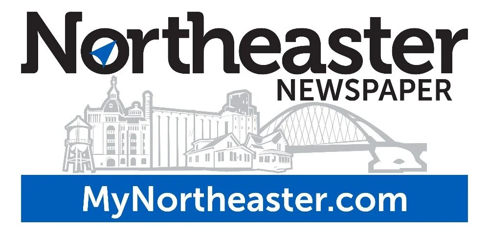 Logo of Northeaster Newspaper with cityscape and bridge illustrations, and a website link to MyNortheaster.com.
