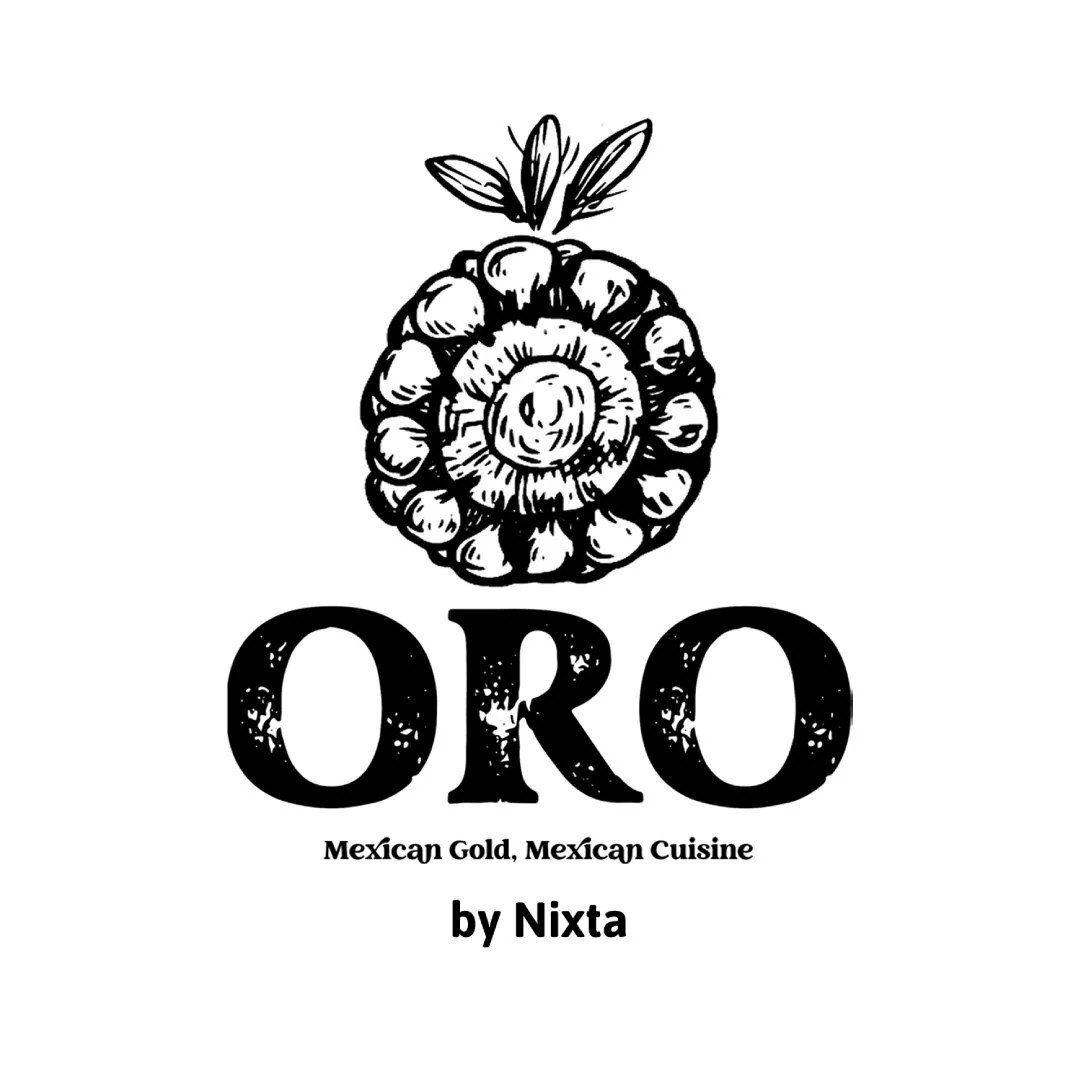 Logo for ORO, a Mexican restaurant by Nixta, featuring a black and white illustration of a raspberry with leaves above the text.