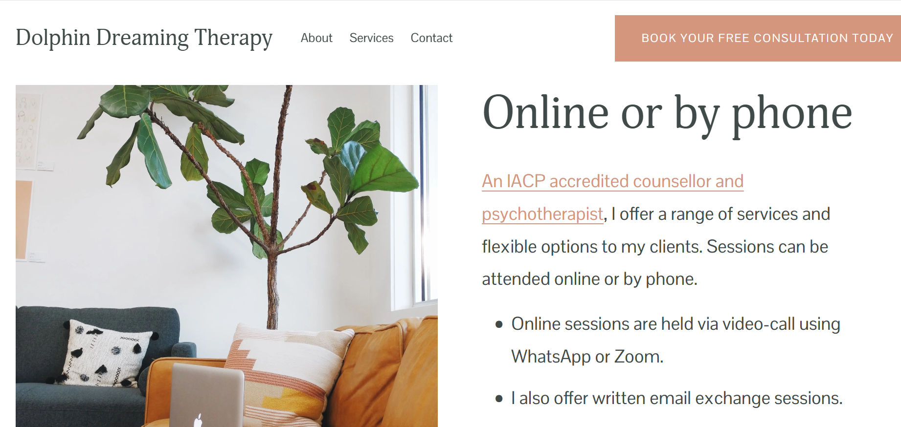 One-page Squarespace website design for a therapist, wellbeing or coaching business