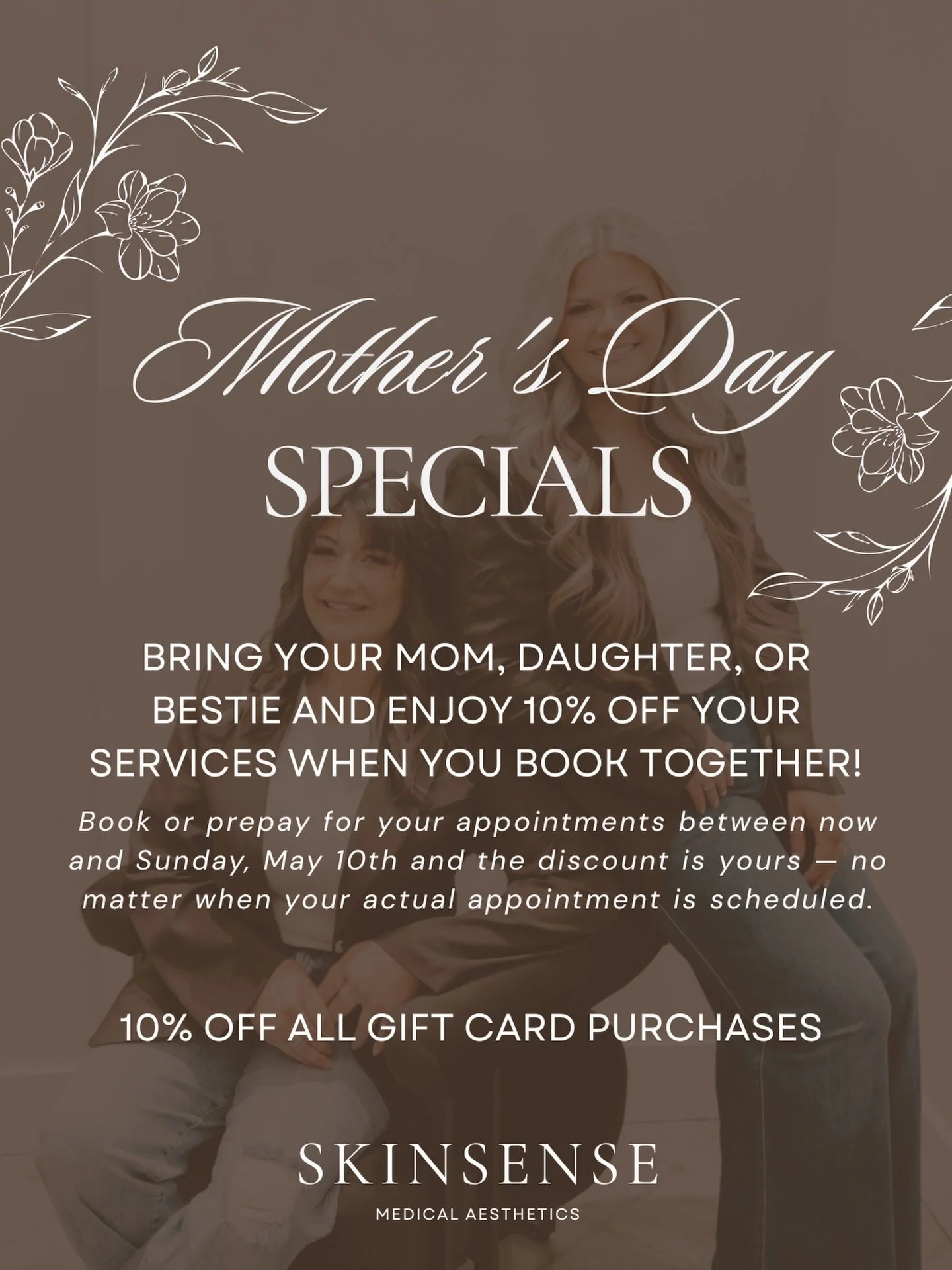 The best Mother&rsquo;s Day gift? Treating yourselves together. 

Here&rsquo;s what we&rsquo;re offering this week:

🤎 Book together, save together. Bring your mom, daughter, or bestie and enjoy 10% off your services when you book together!

🤎 Grab