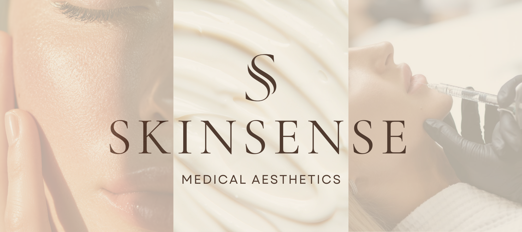 A promotional image for SKINSENSE Medical Aesthetics featuring a woman with a close-up of her face, a person receiving a cosmetic injection, and a neutral background with the SKINSENSE logo and text.