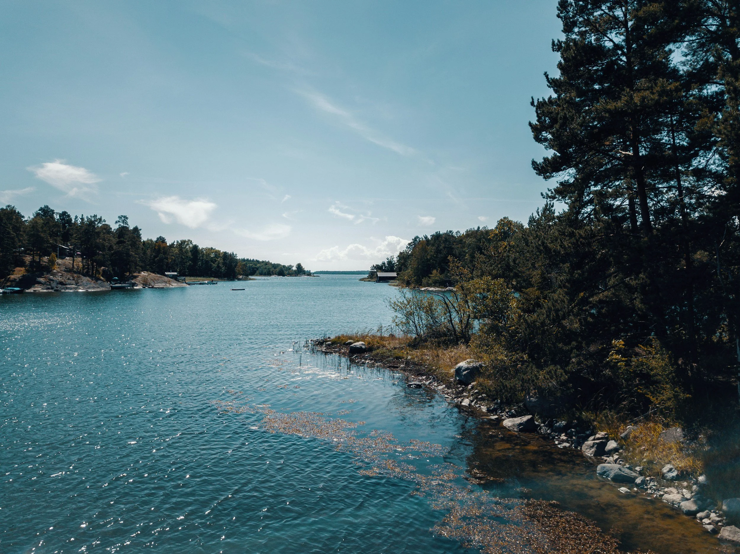 A peaceful lake scene with clear blue water, surrounded by trees and rocky shoreline under a partly cloudy sky.