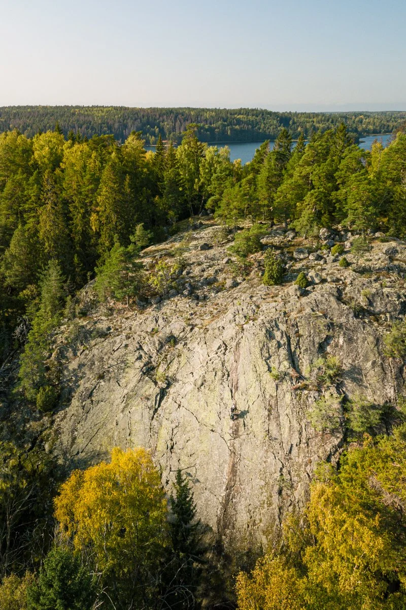 A scenic view of a rocky cliff surrounded by dense green trees, with a lake and forested hills in the background on a clear day.