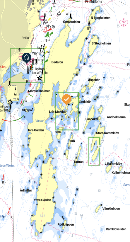 Navigational marine chart showing lakes, islands, and water depths with symbols for navigation aids and locations, including Mark's and other islands, with colored boxes highlighting specific areas.