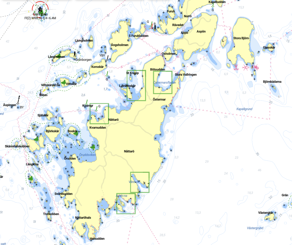 A detailed nautical chart of an archipelago with islands, water depths, navigational markers, and guidelines for safe navigation.