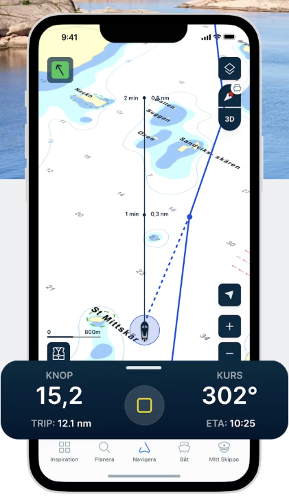 A smartphone displaying a nautical navigation app with a map of a water area, showing the boat's course, waypoints, and surrounding landmasses.